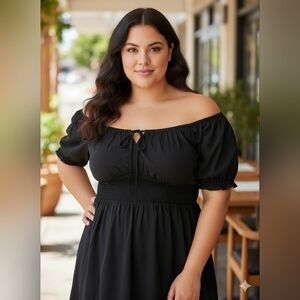 Old Navy Black Off-Shoulder Milkmaid Tie Up Mini Smocked Dress XL Cotton Rayon